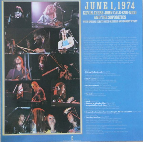 Image of Back Cover of LP - VG/VG+ - KEVIN AYERS, JOHN CALE, ENO & NICO, June 1, 1974 (Island Blue - Night and Day; ILPS 9291, UK 1980s Reissue, Black Inner), Ring Wear,  - 0746182S