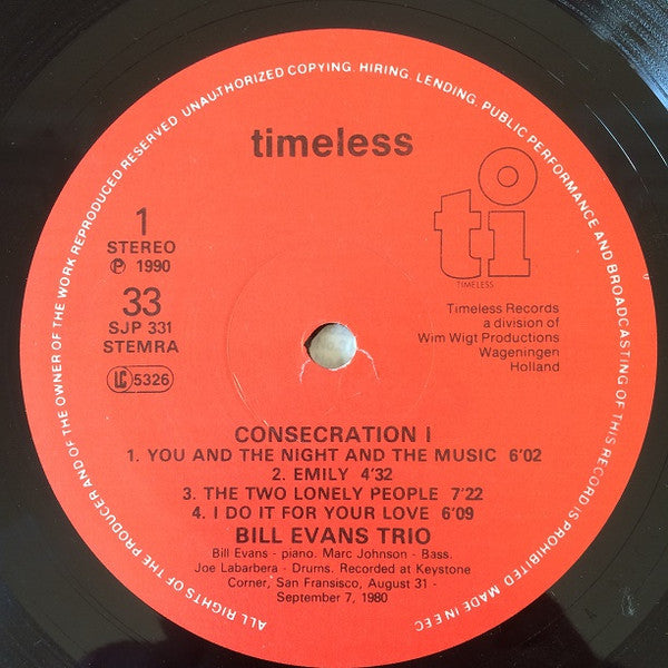 Image of Label Cover of LP - VG/VG - BILL EVANS TRIO, Consecration 1 (Timeless; SJP 331, Netherlands 1990, Picture Sleeve), Strong VG,  - 1826382E