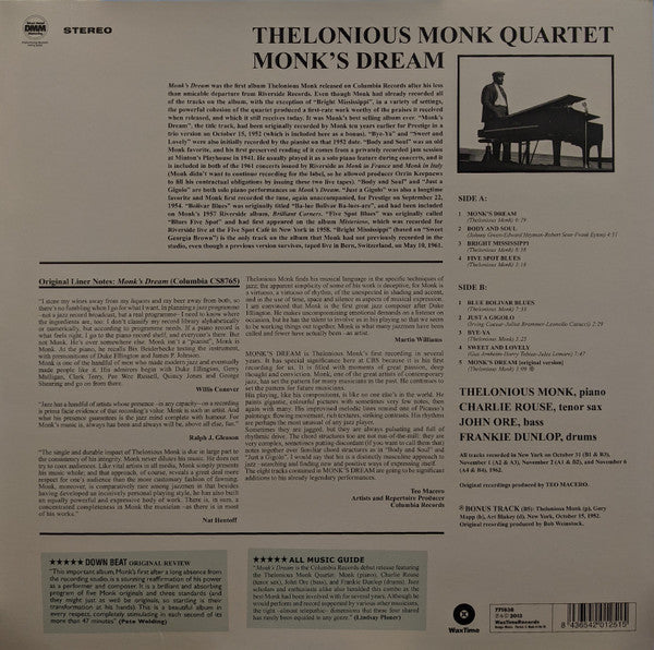 Image of Back Cover of LP - NEW/NEW - THE THELONIOUS MONK QUARTET, Monk's Dream (Wax Time; LP771838, Europe 2013 Reissue, 180 Gram Vinyl), ,  - 1336186E