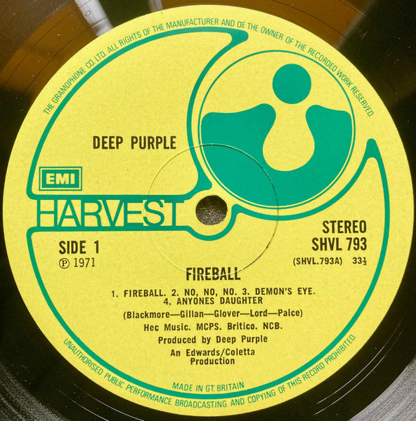 Image of Label Cover of LP - VG/G - DEEP PURPLE, Fireball (Harvest Green, Gramophone Co On Rim, EMI Box; SHVL793, UK 1971, Gatefold Textured, No Insert, SHVL 793 A-2U / B-3U Matrix First Press), ,  - 3526195E