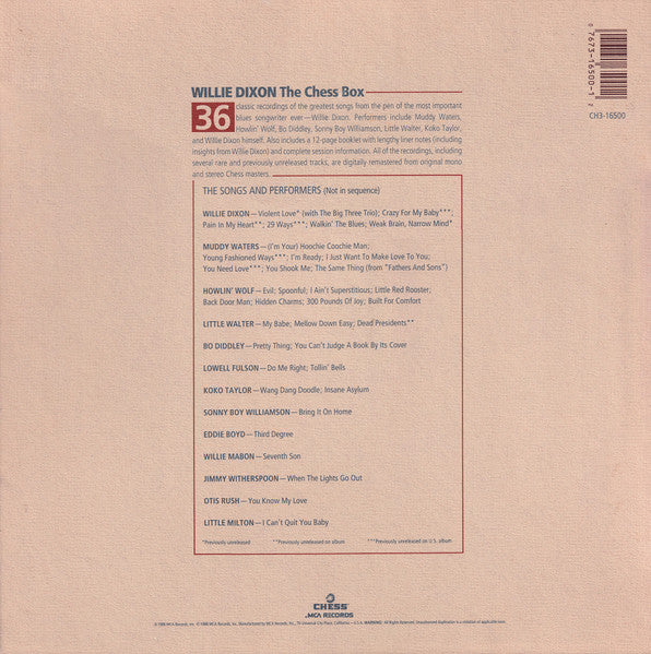 Image of Back Cover of 3xLP - VG/VG+ - WILLIE DIXON, Chess Box (Chess; CHD3-16500, US 1990 Reissue, Box Set, Booklet), Discs are clean but a bit dished - plays fine. Box has a few light knocks here and there.,  - 2416041C