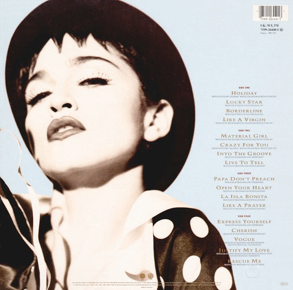 Image of Back Cover of 2xLP - VG/G+ - MADONNA, The Immaculate Collection (Sire; 7599-26440-1, Europe 1990, Gatefold, 2 Inners, "GEMA/BIEM" Rights Box, "Sterling" In Runouts), ,  - 2216244C