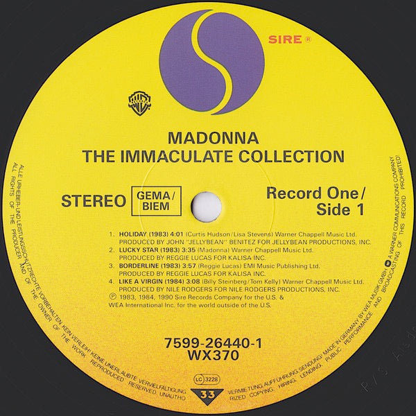 Image of Label Cover of 2xLP - G/VG - MADONNA, The Immaculate Collection (Sire; 7599-26440-1, Europe 1990, Gatefold, 2 Inners, "GEMA/BIEM" Rights Box, "Sterling" In Runouts), Rips on all sides of sleeve and significant wear, staining. Light marks only on discs. ,  - 2726343E