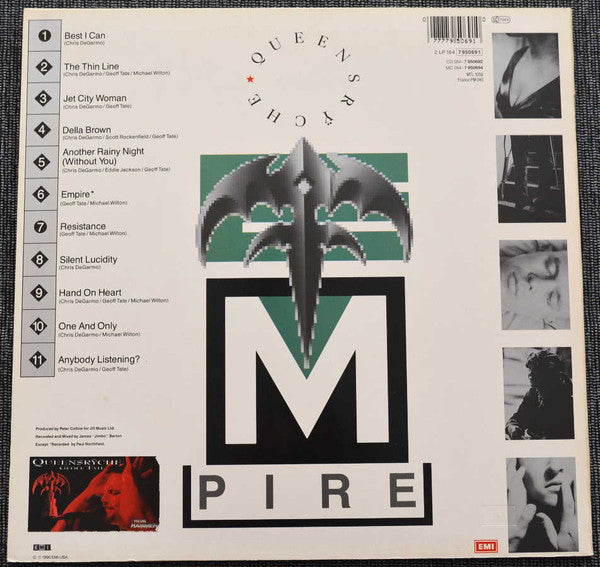 Image of Back Cover of 2xLP - VG/G+ - QUEENSR CHE, Empire (EMI USA; 2 LP 198 7 950691, Europe 1990, Single Sleeve, 2 Inners), Edge wear and sticker residue on cover. Strong G+ discs.,  - 3646061S