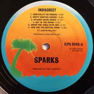 Image of Label of 3624430E: LP - SPARKS, Indiscreet (Island Orange Sunset, Blue Rim; ILPS 9345, UK 1975, Laminated Gatefold Sleeve)   VG+/VG+