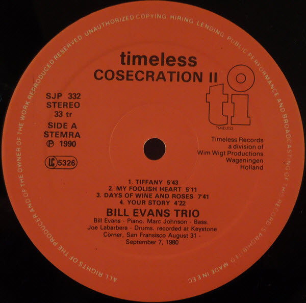 Image of Label Cover of LP - VG/VG - BILL EVANS TRIO, Consecration II (Timeless Records; SJP332, Netherlands 1990), ,  - 1826383E