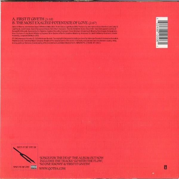 Image of Back Cover of 7" - VG/VG - QUEENS OF THE STONE AGE, First It Giveth (Interscope Records; 981 050-6, Europe 2003, Red Vinyl), Vinyl is fogged on Side B. Sleeve has lots of edge wear.,  - 4216032C