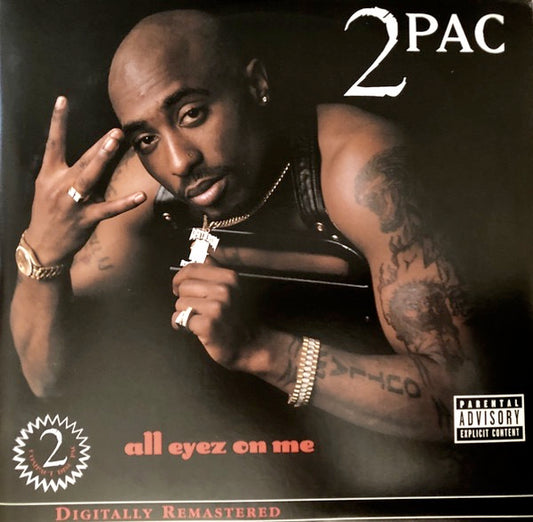 Image of Front Cover of 4xLP - VG/VG+ - 2PAC, All Eyez On Me (Death Row; DRR 63008-1, US 2001 Reissue, Gatefold), Sleeve has large crease at top right; shrink-wrap; corners worn. Labels have some small crease lines / rips from centre,  - 1516530C