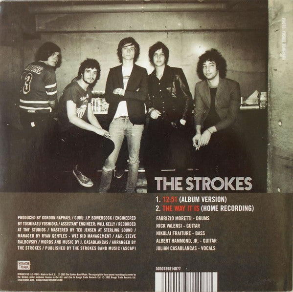 Image of Back Cover of 4624098E: 7" - THE STROKES, 12:51 (Rough Trade; RTRADES140, UK 2003, Picture Sleeve, Red Vinyl) Sticker Damage To Sleeve  VG/VG