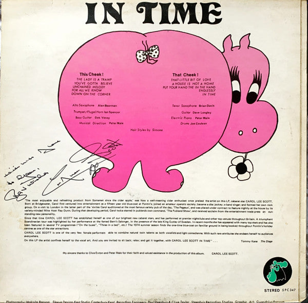 Image of Back Cover of 3024055E: LP - CAROL LEE SCOTT, In Time (Steenhuis; SPC 347, UK 1974, Laminated Sleeve, GROTBAGS) Signed On Rear, Strong VG+ Throughout  VG+/VG+