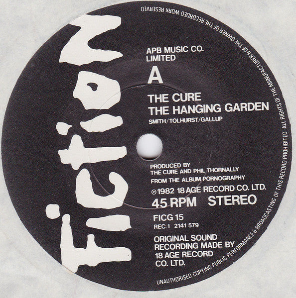 Image of Label of 0454164S: 2x7" - THE CURE, A Single - Hanging Garden / One Hundred Years / A Forest (Live) / Killing An Arab (Live) (Fiction; FICG 15, UK 1982, Gatefold, Ltd Ed of 5,000)   VG/VG
