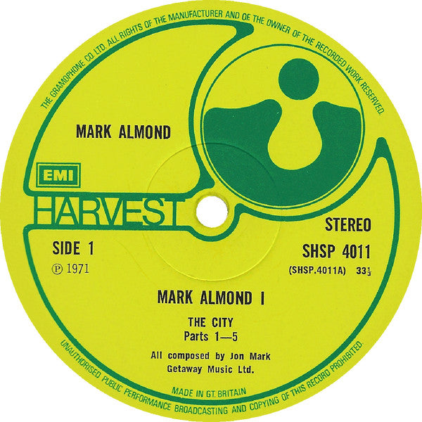 Image of Label of 5023287E: LP - MARK-ALMOND, Mark-Almond (Harvest Green, Gramophone Co On Rim, EMI Box, ; SHSP4011, UK 1971 Reissue, Textured Sleeve)   VG/VG