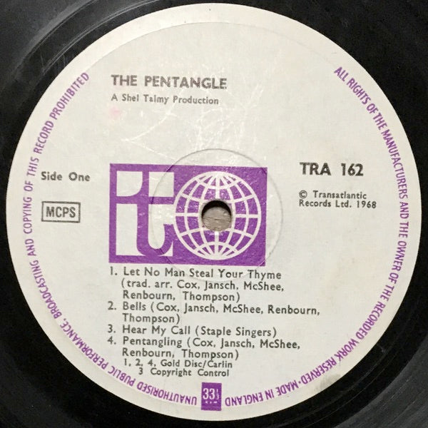 Image of Label of 5223022E: LP - THE PENTANGLE, The Pentangle (Transatlantic White/Purple; TRA 162, UK 1968, Laminated Sleeve, A Shel Talmy Production on Label Below Title) Ring Wear  VG/VG