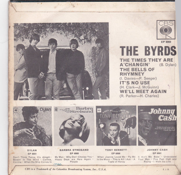 Image of Back Cover of 0124078E: 7" EP - THE BYRDS, The Times They Are A'Changin' (CBS; EP 6069, UK 1966, Laminated Flipback Sleeve, 4 Prong Centre.) Sleeve Creased  G+/G+
