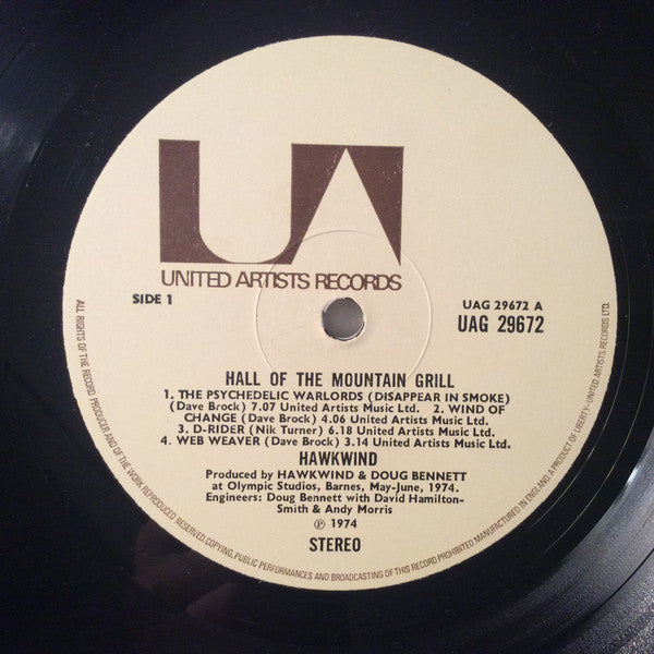 Image of Label of 5123191E: LP - HAWKWIND, Hall Of The Mountain Grill (United Artists Records; UAG 29672, UK 1974, Inner) Inner Torn With Taped Edges, Writing On Front Sleeve  G/G