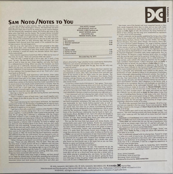 Image of Back Cover of 5023289E: LP - SAM NOTO, Notes To You (Xanadu Records; Xanadu 144, US 1977, Picture Sleeve) Cut-out (Corner cut); significant edge + corner wear  G+/VG+