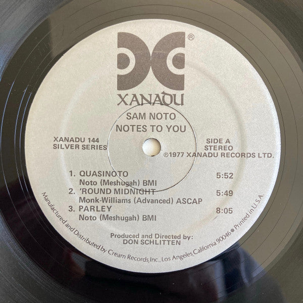 Image of Label of 5023289E: LP - SAM NOTO, Notes To You (Xanadu Records; Xanadu 144, US 1977, Picture Sleeve) Cut-out (Corner cut); significant edge + corner wear  G+/VG+