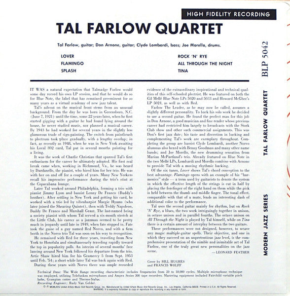 Image of Back Cover of 5023420E: 10" - THE TAL FARLOW QUARTET, Tal Farlow Quartet (Blue Note; BLP 5042, US 1975 Reissue, Pasteback Sleeve, Mono)   VG+/VG