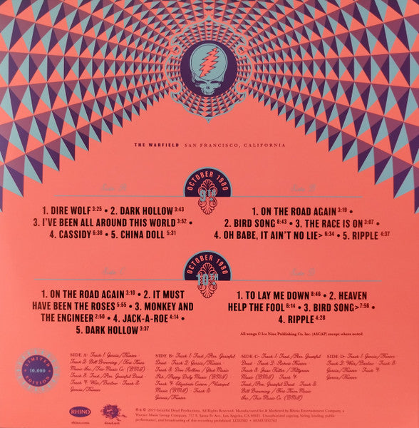 Image of Back Cover of 5143121S: 2xLP - GRATEFUL DEAD, The Warfield, San Francisco, California (October 9th. 1980, October 10th. 1980) (Grateful Dead Productions; R1 585396, Europe 2019, Gatefold)   VG+/VG+