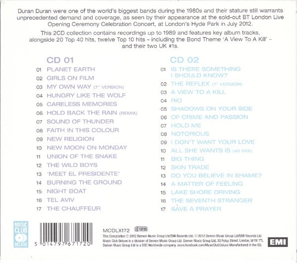 Image of Back Cover of 5213182C: CD - DURAN DURAN, The Biggest And The Best (Music Club Deluxe; MCDLX172, Europe 2012, Jewel Case)   VG+/VG+