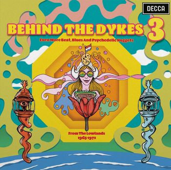 Image of Front Cover of 0124045E: LP - VARIOUS, Behind The Dykes 3 (Even More Beat, Blues And Psychedelic Nuggets From The Lowlands 1965-1972) (Music On Vinyl; MOVLP3315, Worldwide 2023, Gatefold, 2 Inners, Blue & Red Vinyl ) Stickered Sleeve is torn on the back.   VG+/VG+