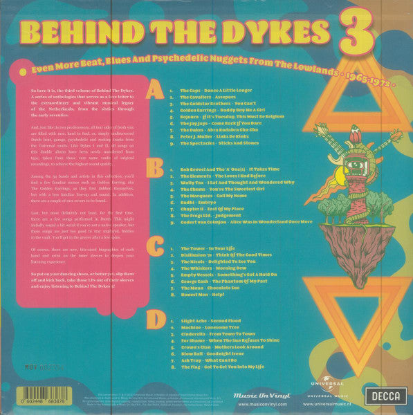 Image of Back Cover of 0124045E: LP - VARIOUS, Behind The Dykes 3 (Even More Beat, Blues And Psychedelic Nuggets From The Lowlands 1965-1972) (Music On Vinyl; MOVLP3315, Worldwide 2023, Gatefold, 2 Inners, Blue & Red Vinyl ) Stickered Sleeve is torn on the back.   VG+/VG+