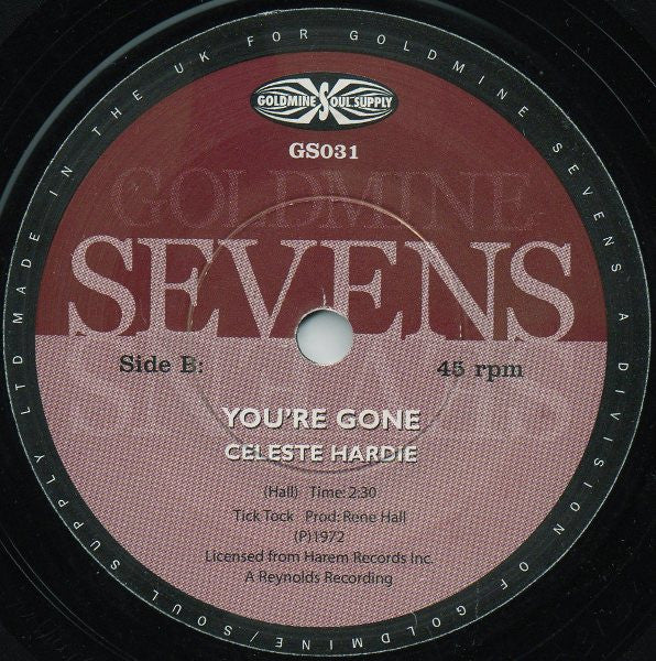 Image of Back Cover of 0124127E: 7" - THE CAPITALS / CELESTE HARDIE, I Can't Deny That I Love You / You're Gone (Goldmine Soul Supply; GS031, UK 1990s Reissue, Plain sleeve) Lightest of marks.  /VG