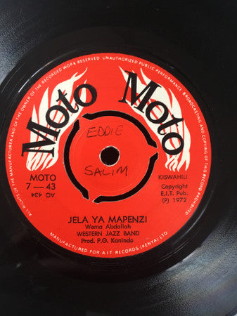 Image of Front Cover of 0124135E: 7" - WESTERN JAZZ BAND, Jela Ya Mapenzi / Naapa Kwa Mungu (Moto Moto; MOTO 7-43, Kenya 1972, Company Sleeve, 3 prong centre) Light marks on vinyl but plays well.  VG/VG