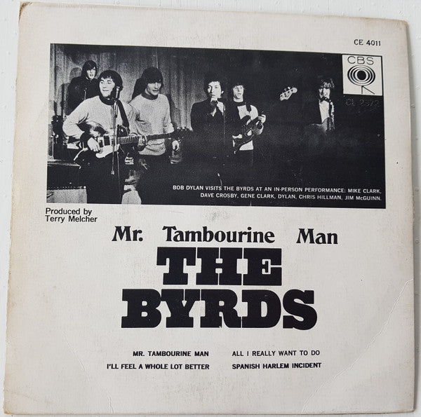 Image of Back Cover of 0124077E: 7" EP - THE BYRDS, Mr. Tambourine Man (CBS; CE 4011, Singapore 1968, Picture Sleeve) Strong VG, Tape damage To Top And Bottom Of Front Sleeve - Top "Repaired" With Black Ink, Tippex On Rear Sleeve, Sleeve Creased  G/VG