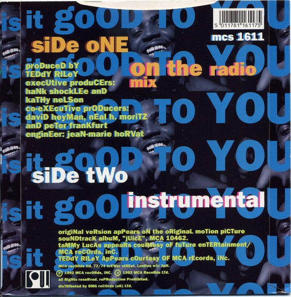 Image of Back Cover of 0124144E: 7" - TEDDY RILEY FEATURING TAMMY LUCAS, Is It Good To You (MCA Records; MCS 1611, UK 1992, Picture sleeve) Marks on disc but plays strong. Wear to sleeve with creasing along the top.  G+/G+