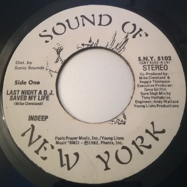 Image of Front Cover of 0114217C: 7" - INDEEP, Last Night A D.J. Saved My Life / D.J. Delight (Sound Of New York; S.N.Y. 5102, Jamaica 1982) Lots of marks and scuffs, plays through with crackle.  /G