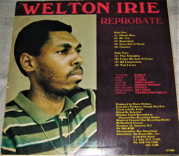 Image of Back Cover of 0114220C: LP - WELTON IRIE, Reprobate (Hit Bound; JJ 086, Jamaica 1982) Light marks only. Storage wear on sleeve.  VG+/VG+