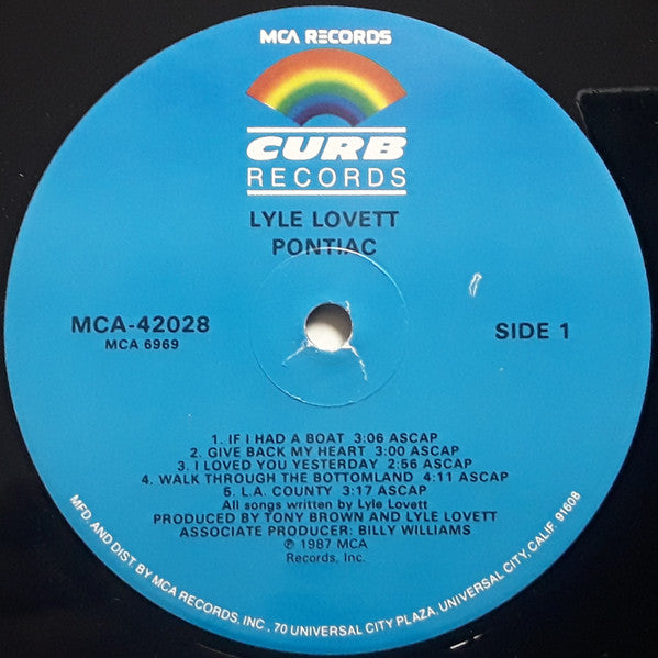 Image of Label of 0144146S: LP - LYLE LOVETT, Pontiac (Curb Records; MCA-42028, US 1987) Slight ring wear on sleeve.   VG/VG+