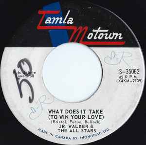 Image of Front Cover of 0754172S: 7" - JR. WALKER & THE ALL STARS, What Does It Take (To Win Your Love)/ Brainwasher (Part 1) (Tamla Motown; S-35062, Canada 1969, Company Sleeve) Lightest of marks. Company sleeve is torn on 2 edges.  /VG+