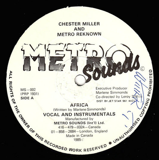 Image of Front Cover of 0824349E: 12" - CHESTER MILLER AND METRO REKNOWN, Africa (Metro Sound; MS-002, Canada 1985)   /VG+