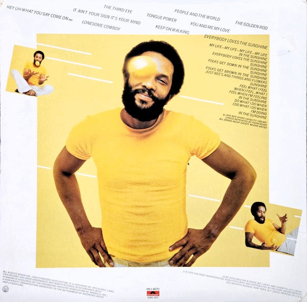 Image of Back Cover of 0114083C: LP - ROY AYERS UBIQUITY, Everybody Loves The Sunshine (Polydor; PD-1-6070, US 1976, Inner, PRC Pressing) Liquid stains on sleeve. Shrink-wrap has tape on it. Cut-out (notched) at opening  VG/VG