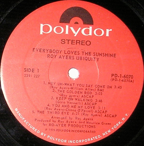Image of Label of 0114083C: LP - ROY AYERS UBIQUITY, Everybody Loves The Sunshine (Polydor; PD-1-6070, US 1976, Inner, PRC Pressing) Liquid stains on sleeve. Shrink-wrap has tape on it. Cut-out (notched) at opening  VG/VG