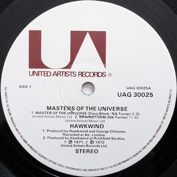 Image of Label of 0144116S: LP - HAWKWIND, Masters of the Universe (UA; UAG 30025, UK 1977) Some wear on sleeve but strongly intact. Disc is strong VG+ with only light superficial marks.  VG/VG