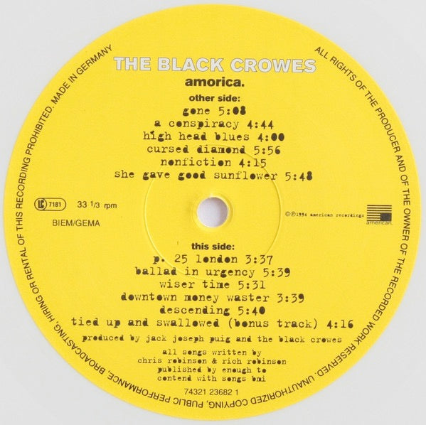 Image of Label of 5213139C: LP - THE BLACK CROWES, Amorica (American; 74321 23682 1, Europe 1994, Stickered Sleeve, Inner, White Vinyl)   VG+/VG